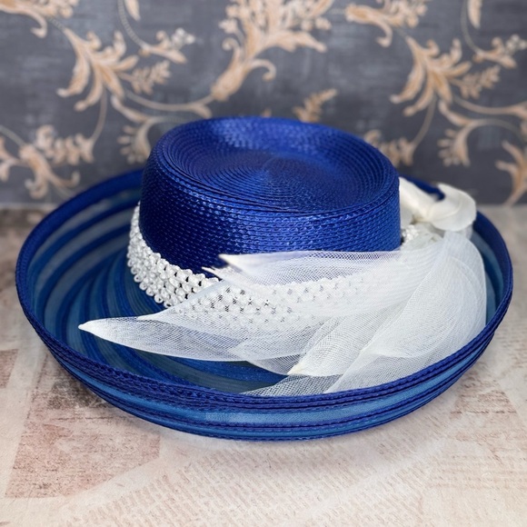Estate Royal Blue Kentucky Derby Wide Brim Hat Mesh Floral Feather main image 8